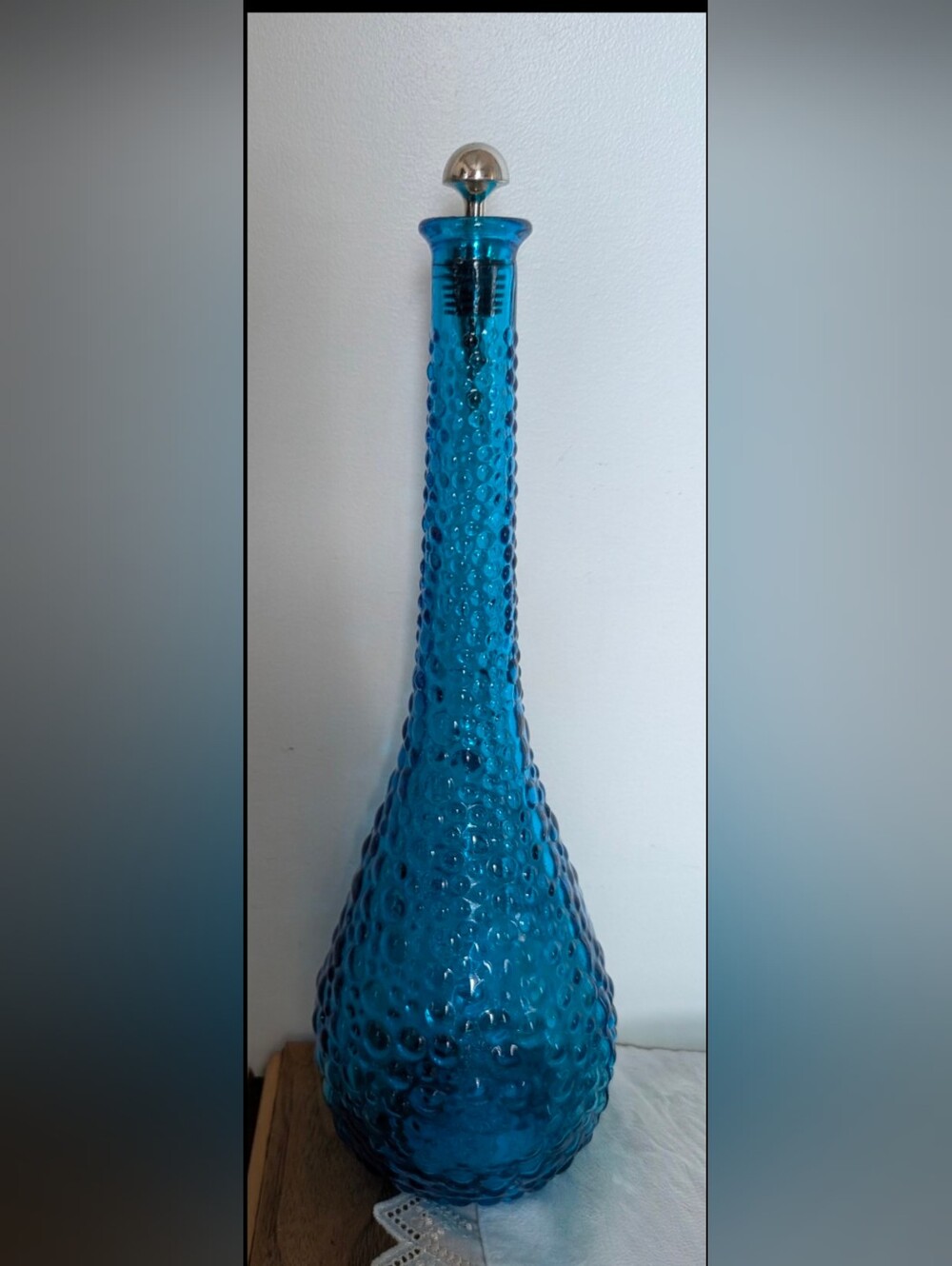 Vtg 60s Italian Empoli Blue Hobnail Genie Bottle Base - 15.5” Tall (No Stopper)